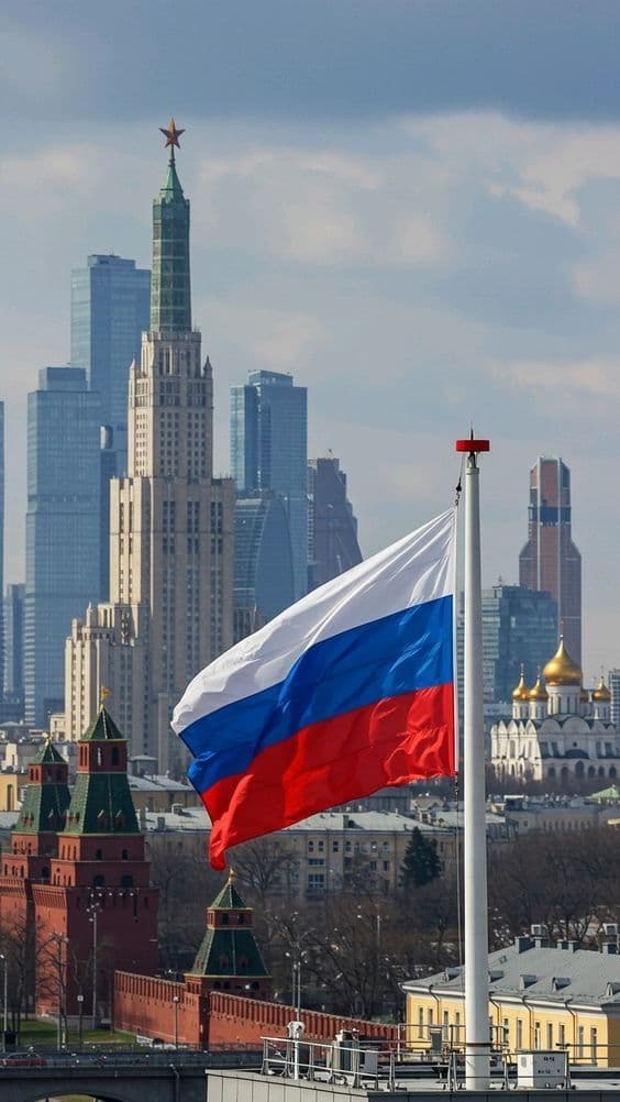 Bandera de la Federación de Rusia ondeando con el Kremlin y el horizonte de Moscú al fondo